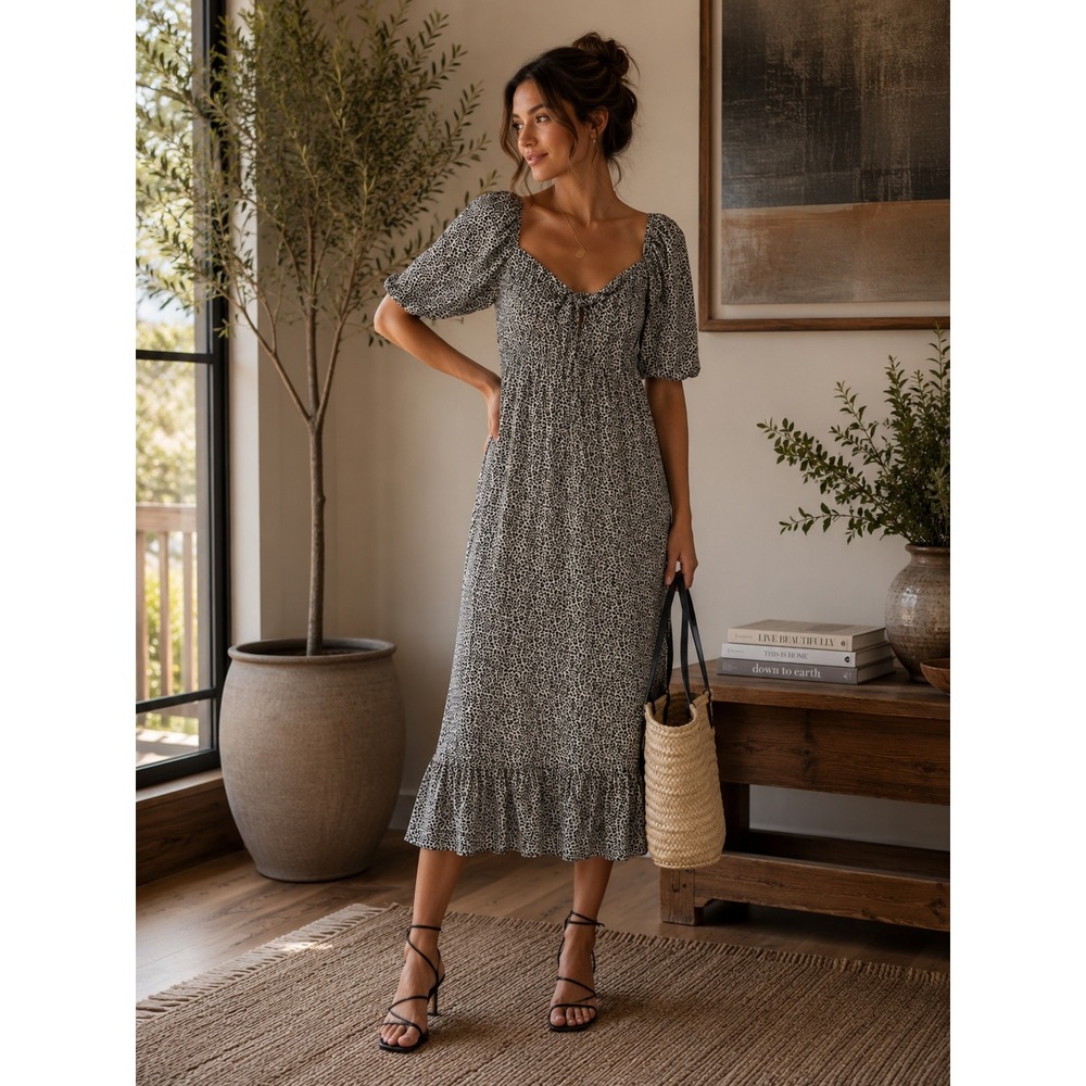 Slate and Willow Dress Womens Small Black White Floral Midi Cottagecore Boho